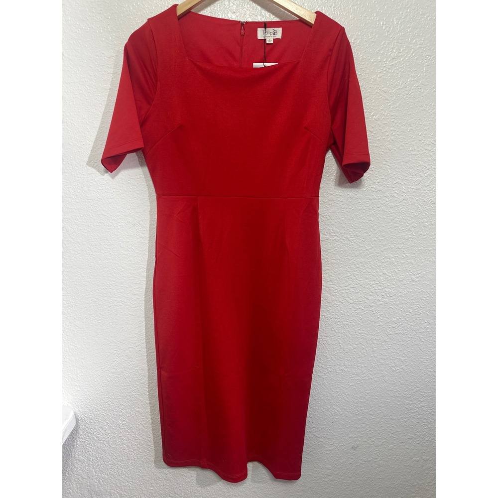 Tulip B by J317 Womens Red Square Neck Short Sleeve Sheath Midi Dress Size M NEW